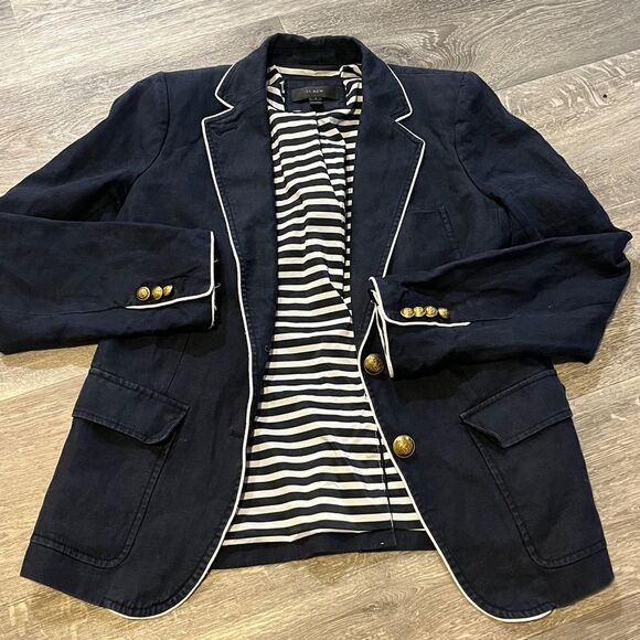 J. CREW Rhodes Navy Blue Blazer 100% Linen Nautical Crest Gold Buttons Size 6 - Picture 2 of 16